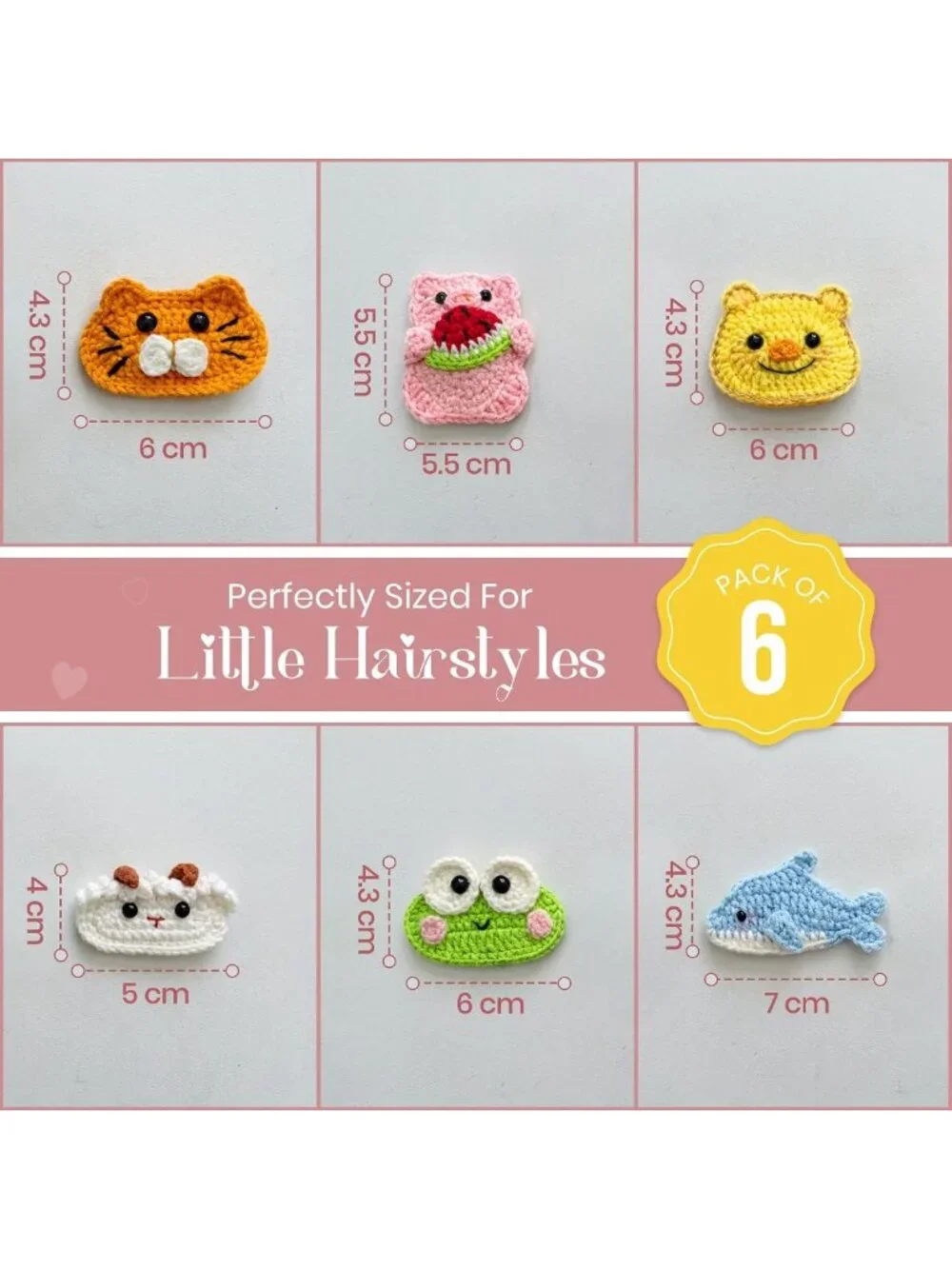 Adorable 6-Pack Crochet Animal Hair Clips for Kids - Cute Cartoon Barrettes